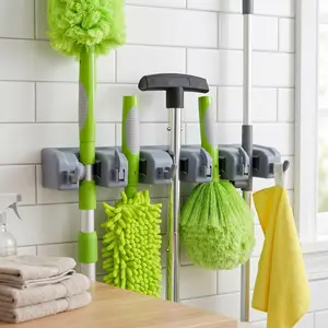 Wall Mount Broom and Mop Holder Heavy Duty Tool Organizer Rack with Hooks for Garage Laundry Kitchen Garden