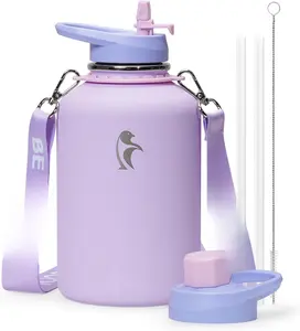 Half Gallon Water Bottle with Strap, 64oz Insulated Water Jug Stainless Steel with Straw & Spout Lids, Metal Large Water Flask, Keep Cold 48h Hot 24h, Leak Proof & Non-BPA, Lavender