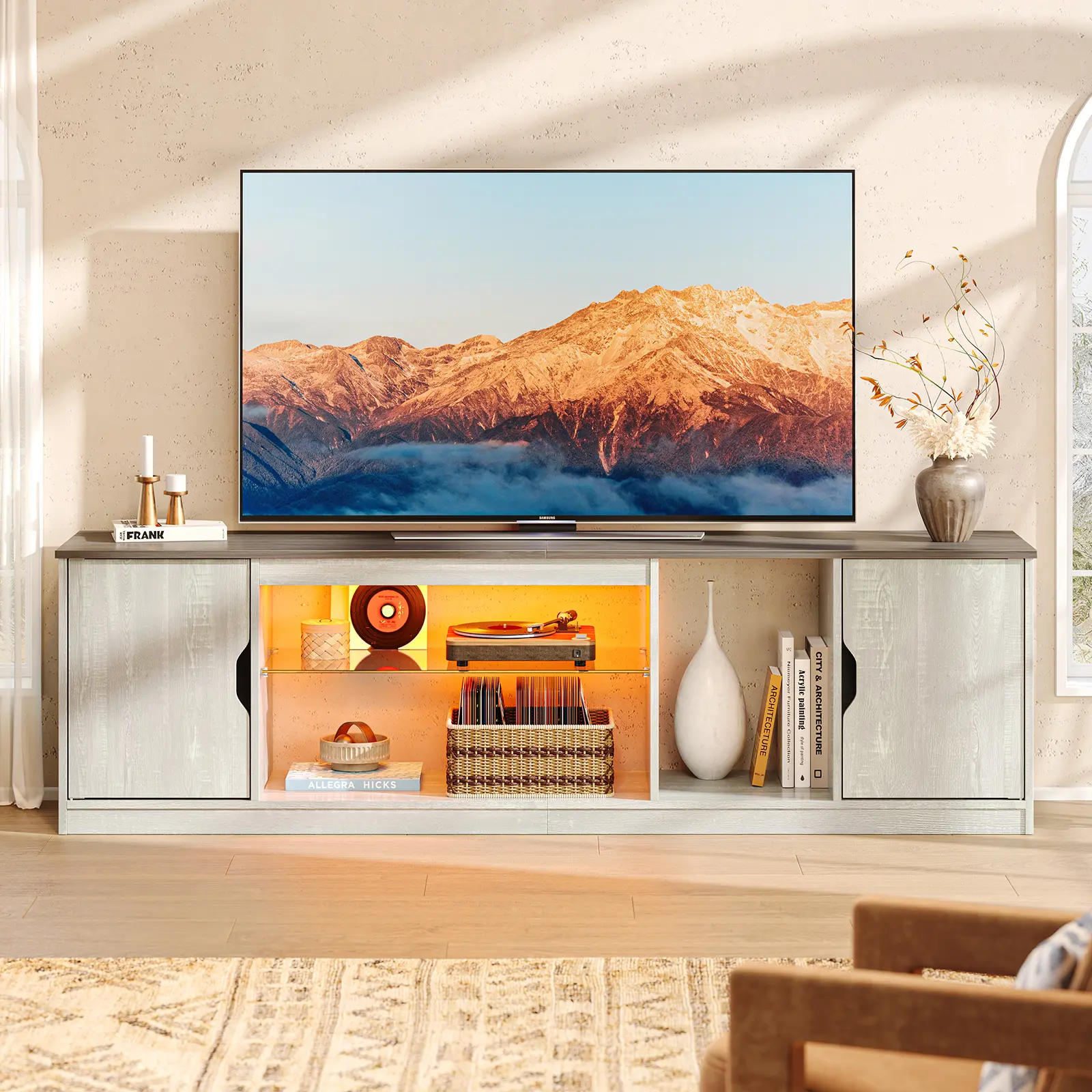 Bestier 70.8 Inch LED TV Stand with Storage Cabinets, Modern Wood Media Console with RGB Color Changing Lights, Adjustable Tempered Glass Shelf, Entertainment Center Fits Up to 75 Inch TV for Living Room & Gaming Room Turntable Storage