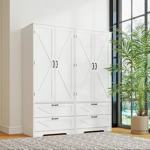 Wooden Wardrobe Closet 65.3" with 2 Doors & 2 Drawers Hanging Rod for Bedroom Gym Cloak Room Storage Cabinets