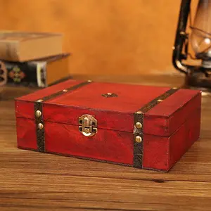 Treasure Chest - Wooden Pirate Treasure Box with Hinged Lids, Rustic Vintage Decorative Keepsake and Jewelry Box, Trinket Storage Chest Box, Valentines Gifts and Home Decoration