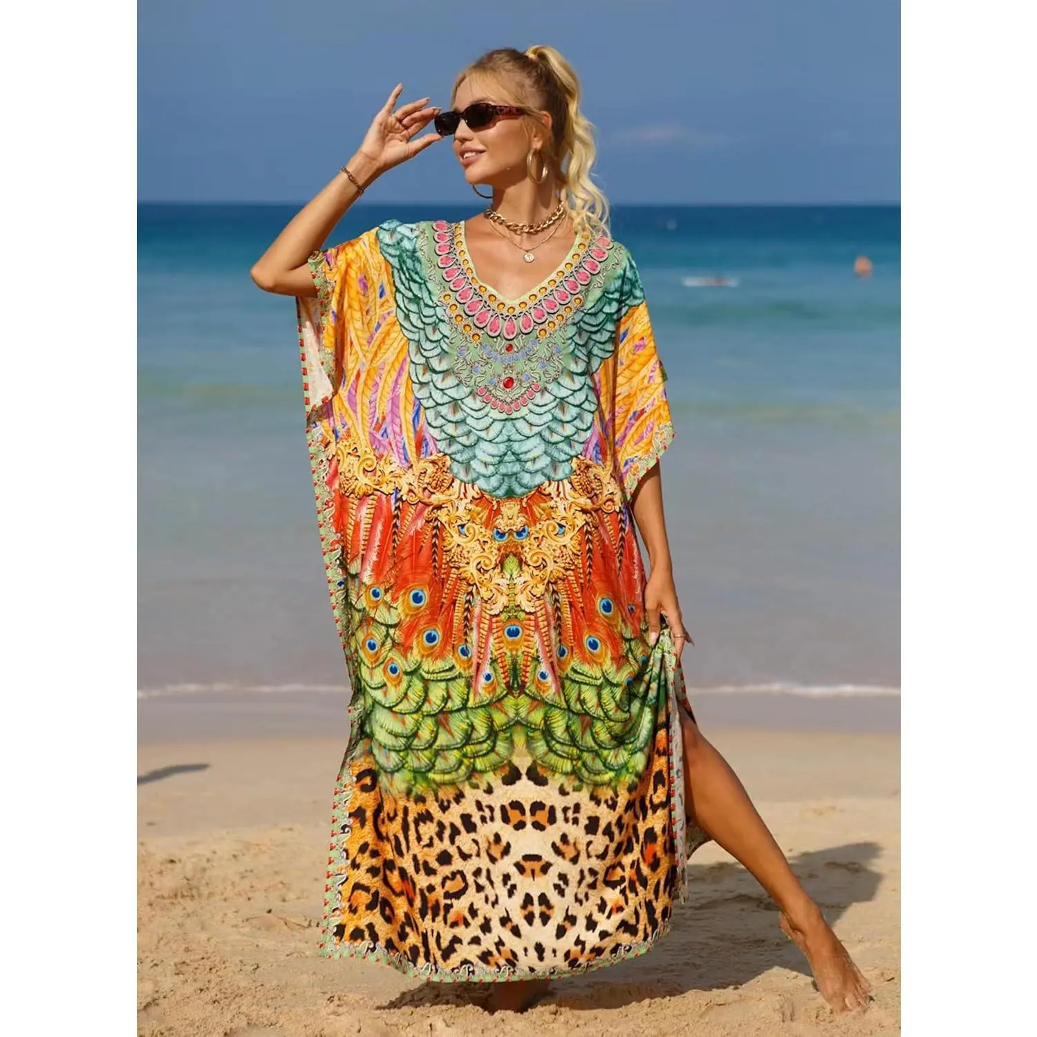 Women's V-Neck Kaftan Dress, Lightweight Tropical Batwing Sleeve Mumu, Casual Beach Swimwear Cover Up, Plus-Size Friendly, Tropical Beachwear, Easy-Care, Yellow Multicoloured