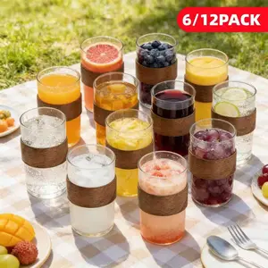 6/12 Pack Heat Resistant Glass Cups with Wood Insulated Sleeve, Clear 12oz Iced Tea Juice Glasses, BPA Free for Coffee, Beer, Cocktails