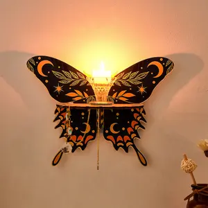 Butterfly Shape Wall Hanging Candle Holder Storage Wooden Wood Board Cutting Printing Crafts, Home Decoration Wall Rack, Suitable for Ramadan Festival