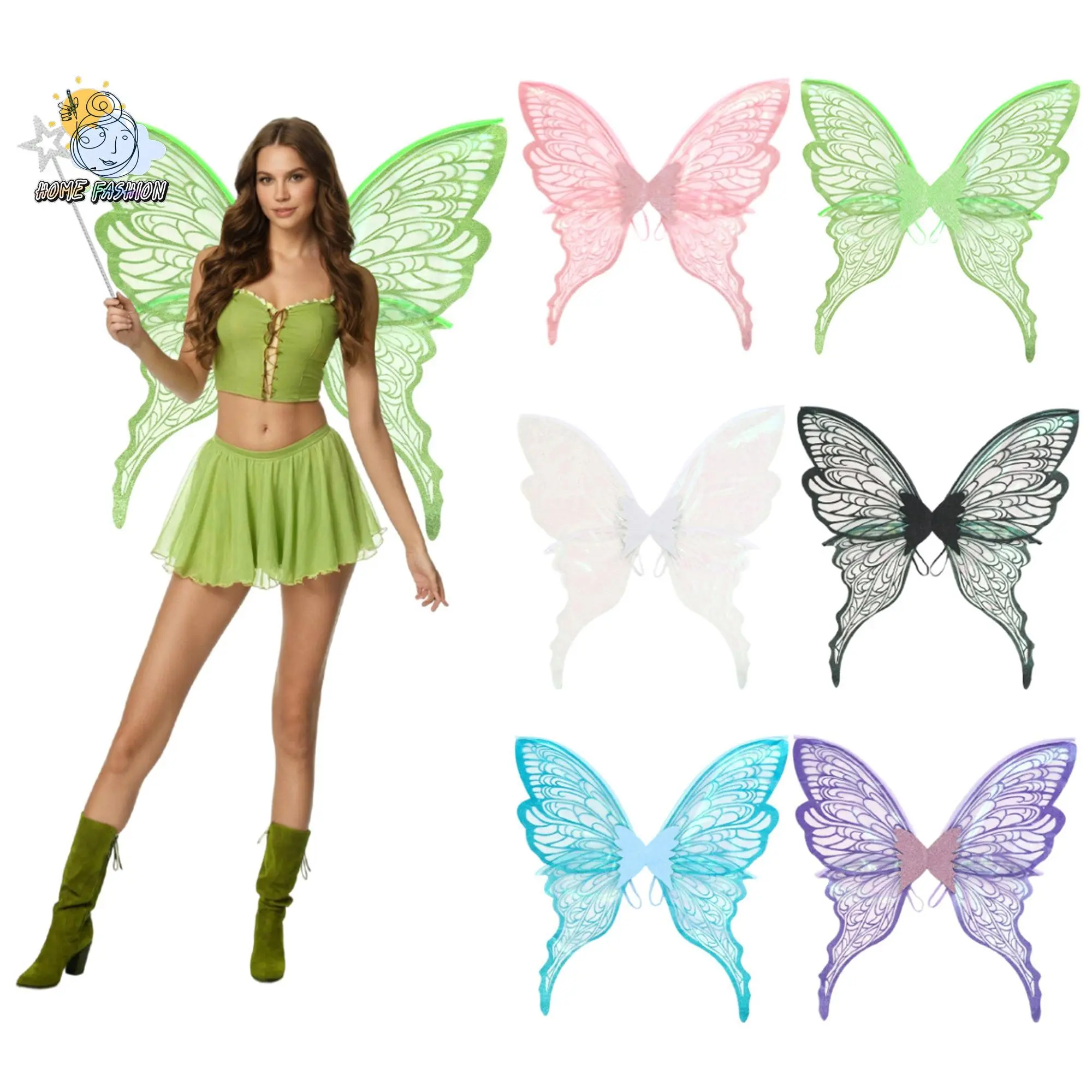Adult Fairy Wing Costume Set with 5-Pointed Star Stick Wand, Sheer Wings, Flower Headband, Multi-Color Elf Ears Set, Yarn Accessories for Halloween Cosplay, Christmas Birthday Presents, Party Decor