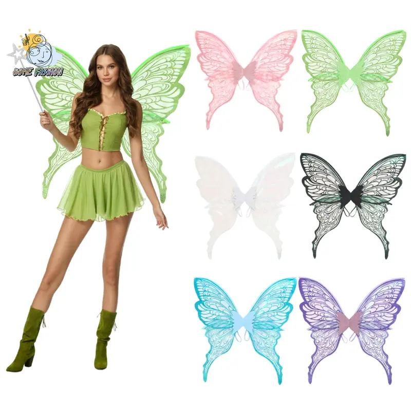 Women's Polyester Adult Fairy Wing Costume Set - One Size, 1 Pair Elf Ears, 1 Wand, 5-Pointed Star Stick, Multi-Color Yarn Accessories, Sheer Wings, Flower Headband - Easy Halloween Costume Option, Festive Christmas Gift