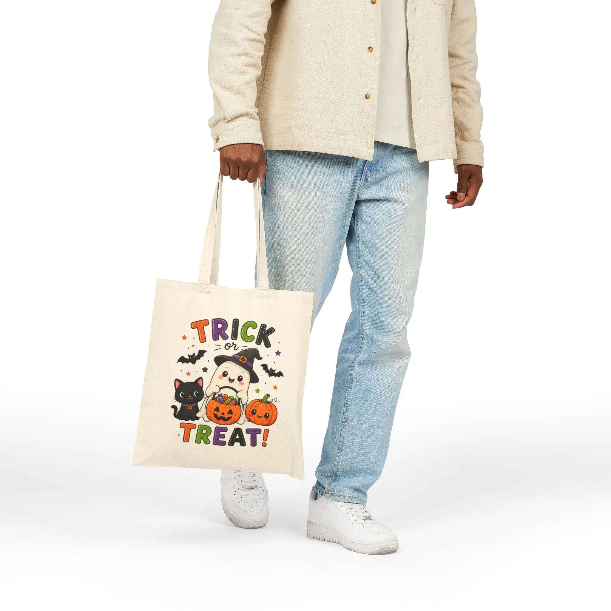 Cute Trick or Treat Cats and Ghost Tote Bag | Halloween Pumpkin Tote