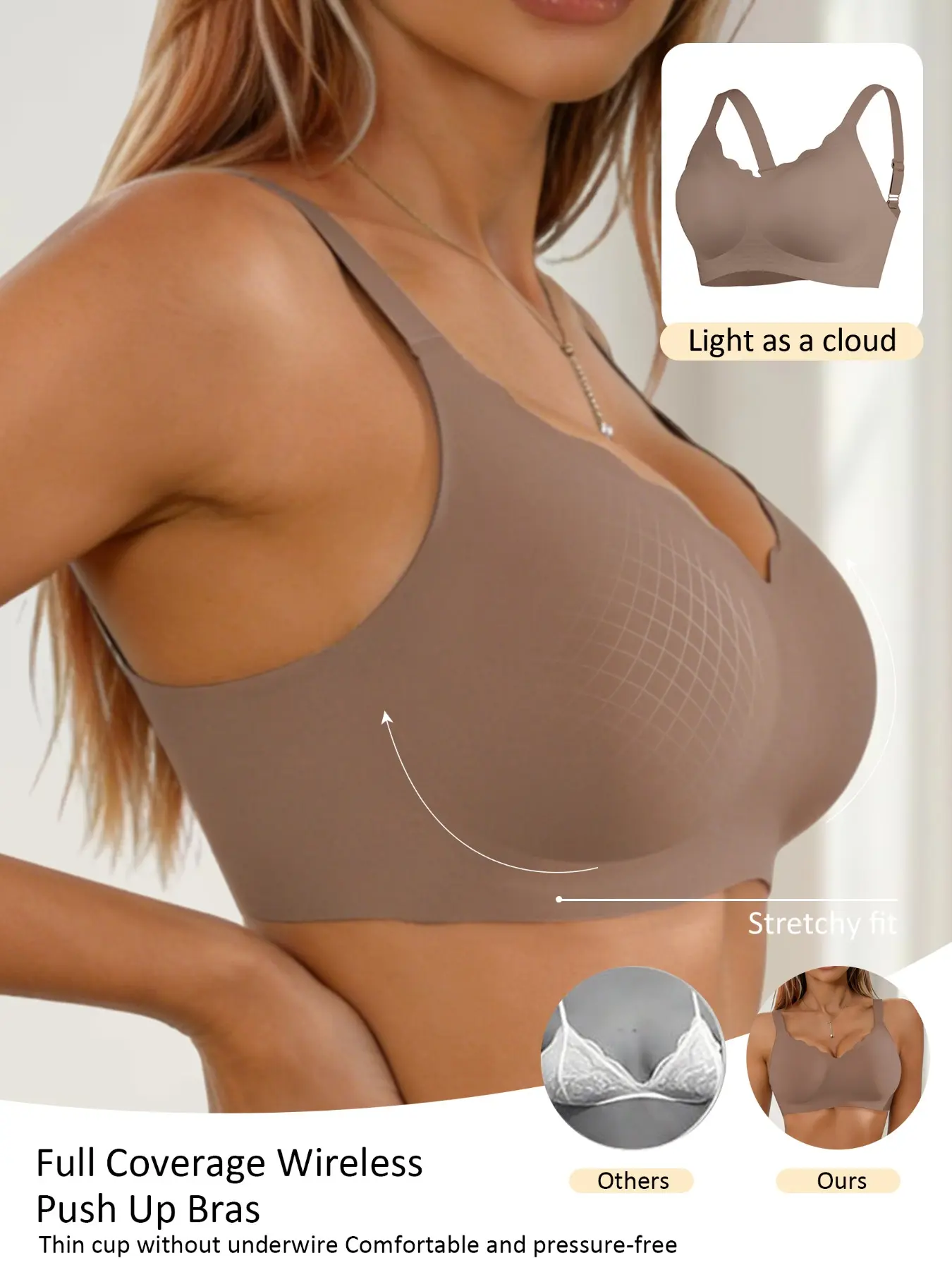 1 Pack Wire-Free Jelly Strip Cloud-Like Bra, Soft Support Push Up Lift, Full Coverage Hide Underarm Fat And Shape Back, Scalloped V-Neck No Digging, High Stretch Seamless No Cup Sliding, Comfortable For All-Day Commute & Home Wear