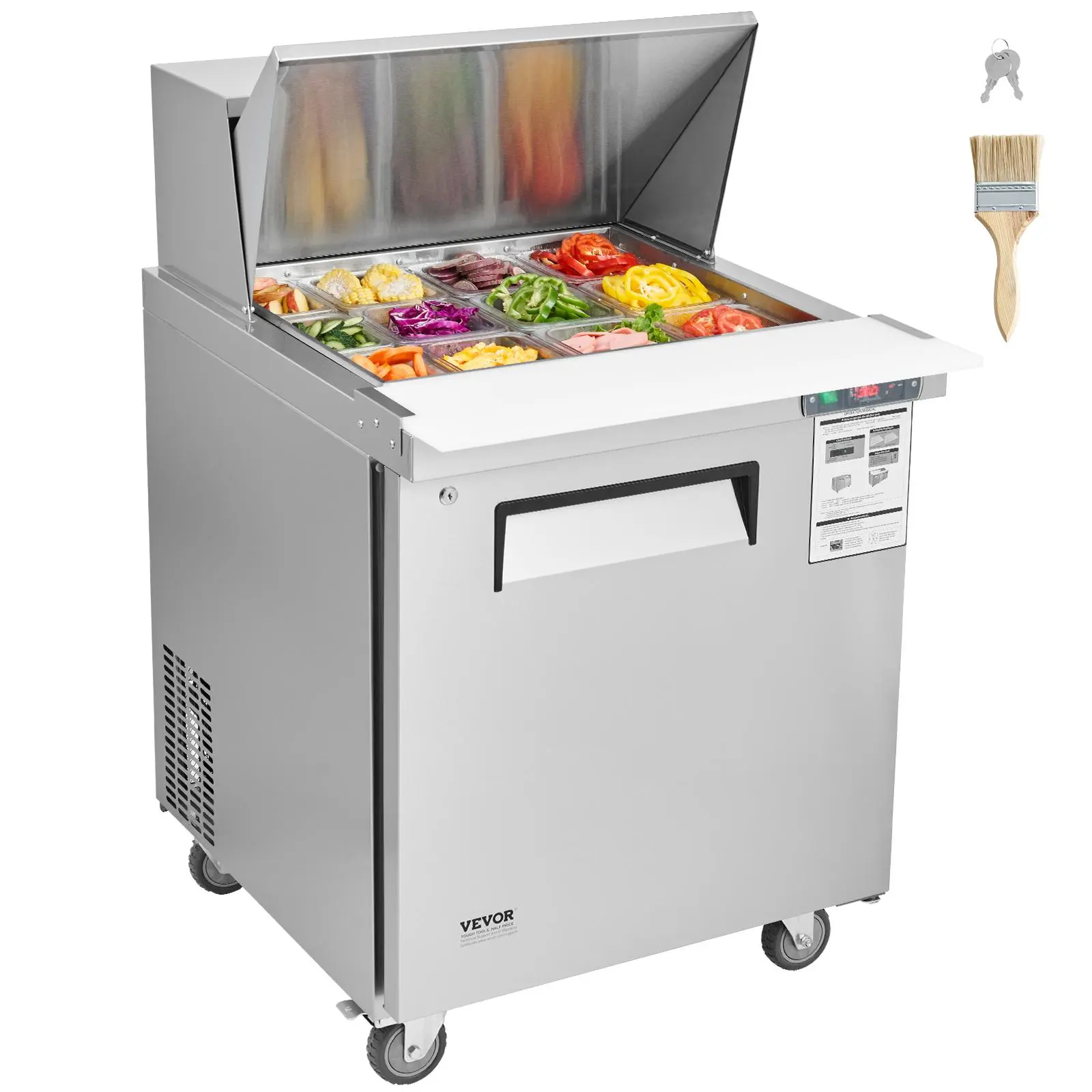 【Summerfinds】VEVOR 28" Commercial Refrigerator Sandwich & Salad Prep Table, 7.4 Cu. Ft Stainless Steel Refrigerated Food Prep Station with 12 Pans, Cut Board, Frost Free Refrigerator with Lock for Restaurant
