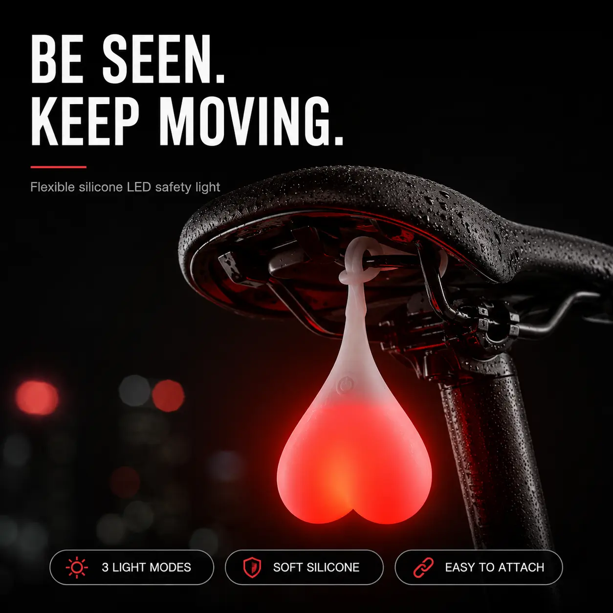 Heart-Shaped LED Bike Tail Light, Flexible Silicone Rear Safety Light with Easy-Loop Mount for Night Riding & Commuting