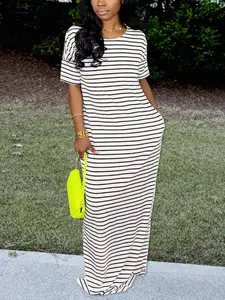 Women's Striped Maxi Dress With Pockets, Casual Striped Maxi Dress with Short Sleeves, Soft Stretch Fabric, Relaxed Straight Fit for Vacation and Everyday Wear