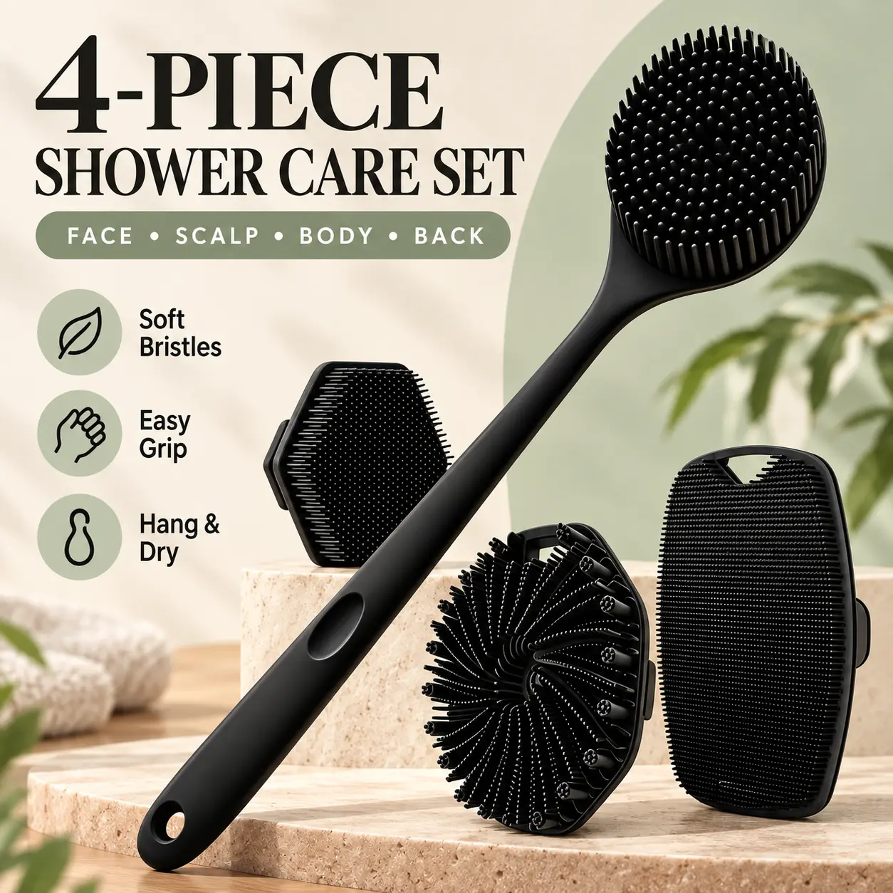 4-Piece Silicone Shower Brush Set ,Gym Shower Essentials， Everything Shower Essentials with 15-Inch Back Scrubber, Scalp Massager, Face Cleansing Brush & Easy-Grip Body Brush