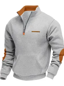 Men's Thick Fleece Hoodie, Vintage Patchwork Design, Loose Fit Casual Half-Zip Pullover, Fall & Winter Outdoor Sports Wear