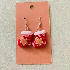 Red stocking gingerbread man Christmas hook earrings