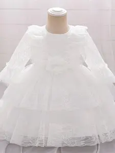 Girls' Solid Floral Lace Ruffle Trim Tiered Layer Bow Decor Tulle Dress, Elegant Long Sleeve Round Neck Zipper Back Dress for Party Wedding Guest, Kids Clothes for All Seasons, Layered Tulle Dress