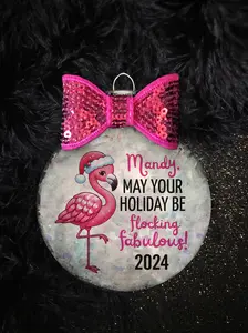 Flamingo Personalized Christmas Ornament or Wine Bag, Flocking Fabulous Pink Sparkly Holiday Gift for Friend, Tropical Beach Holiday