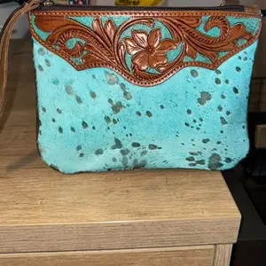 Genuine Leather Wristlet with Turquoise Floral Embroidery and Cowhide Texture for Women