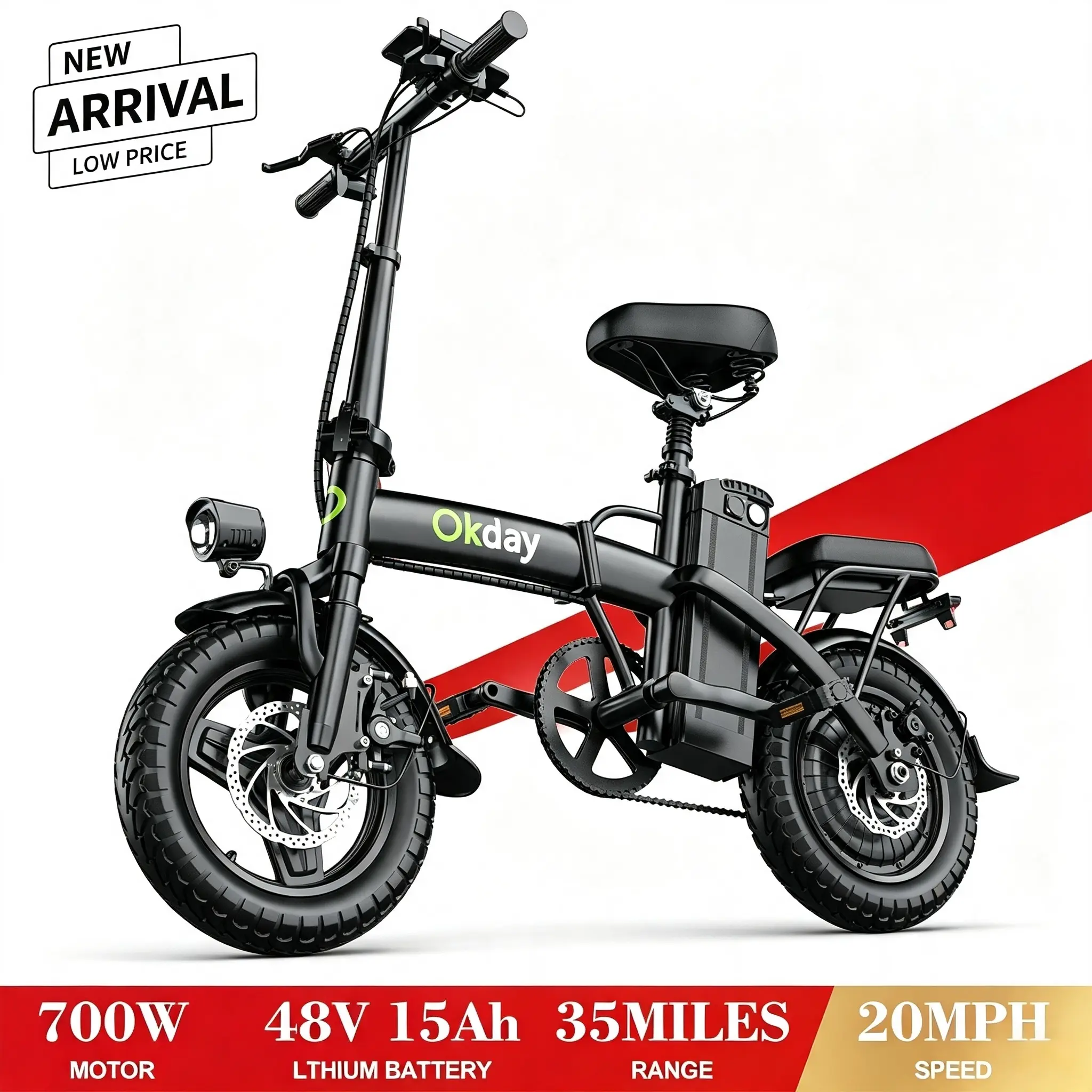 14" Okday Foldable Electric Bike for Adults, 700W Powerful Motor E-Bicycle, 48V 15Ah Removable Battery, Dual Suspension, Disc Brake System, Lightweight Foldable Steel Frame Ebike for Urban Riding & Short Trips