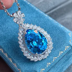 New trending product from influencer's live stream: Simulated aquamarine topaz full-diamond teardrop pendant necklace for women, elegant jewelry