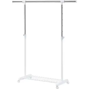 Adjustable Clothing Rack for Hanging Clothes, Heavy Duty Garment Rack with Wheels,Free Standing Rolling Clothes Rack with Shelf & Grid, Easy Assembly Standard Rod, White & Chrome