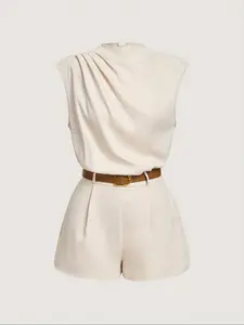 Women's Solid Sleeveless Romper with Belt, Elegant Chic Fashion Casual Pocket Design Romper for Daily Outdoor Wear, Women Clothes for Summer