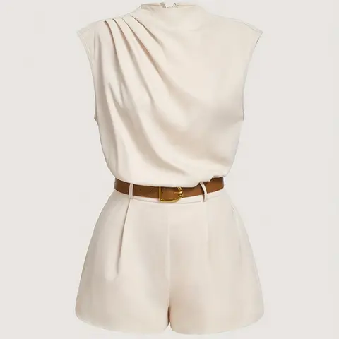 Women's Solid Sleeveless Fitted Casual Comfy Romper with Belt, Womenswear Elegant Chic Fashion Casual Basic Fit Pocket Design Romper for Daily Outdoor Wear, Women Clothes for Summer, Fitted Rompers
