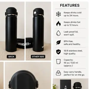 Stainless steel thermal bottle with screw cap and a ring to transport it. Drinkware Bottled Portable 18oz