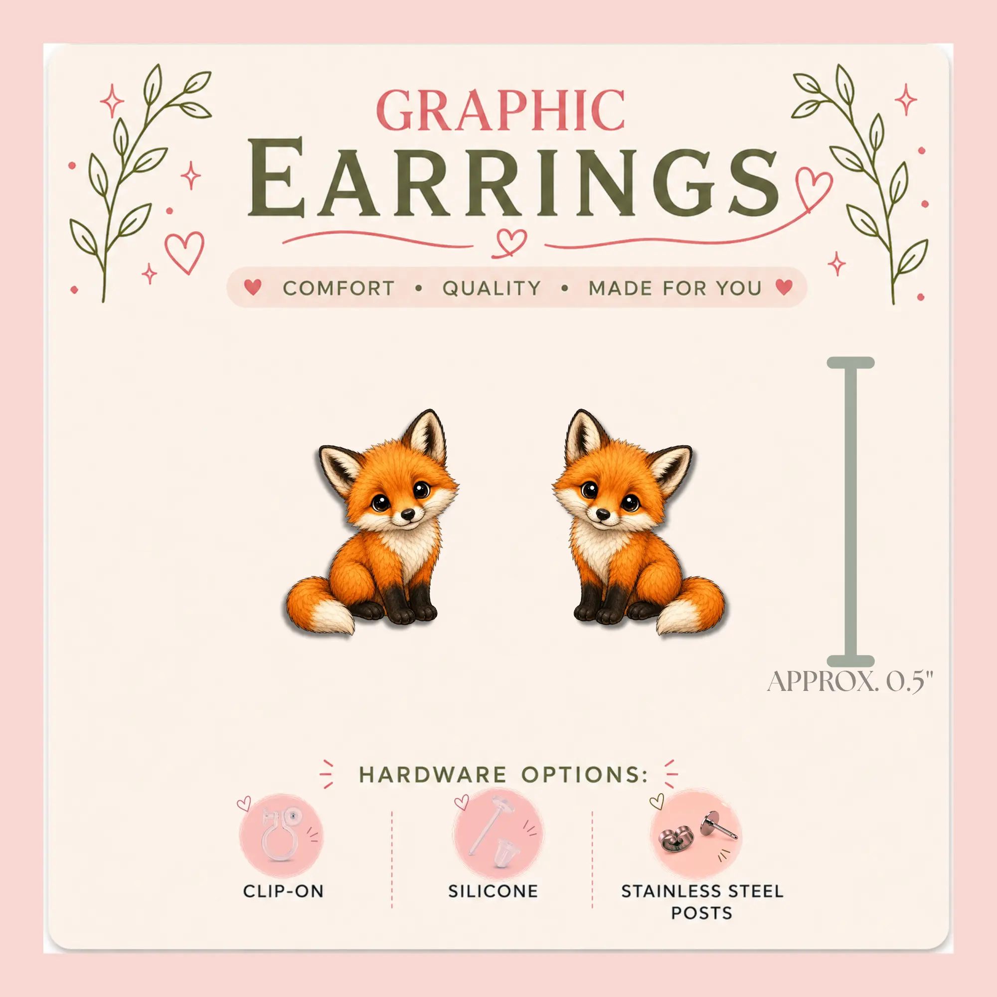 Baby Fox Stud Earrings, Woodland Animal Graphic Jewelry, Resin Sealed, Approx. 0.5"