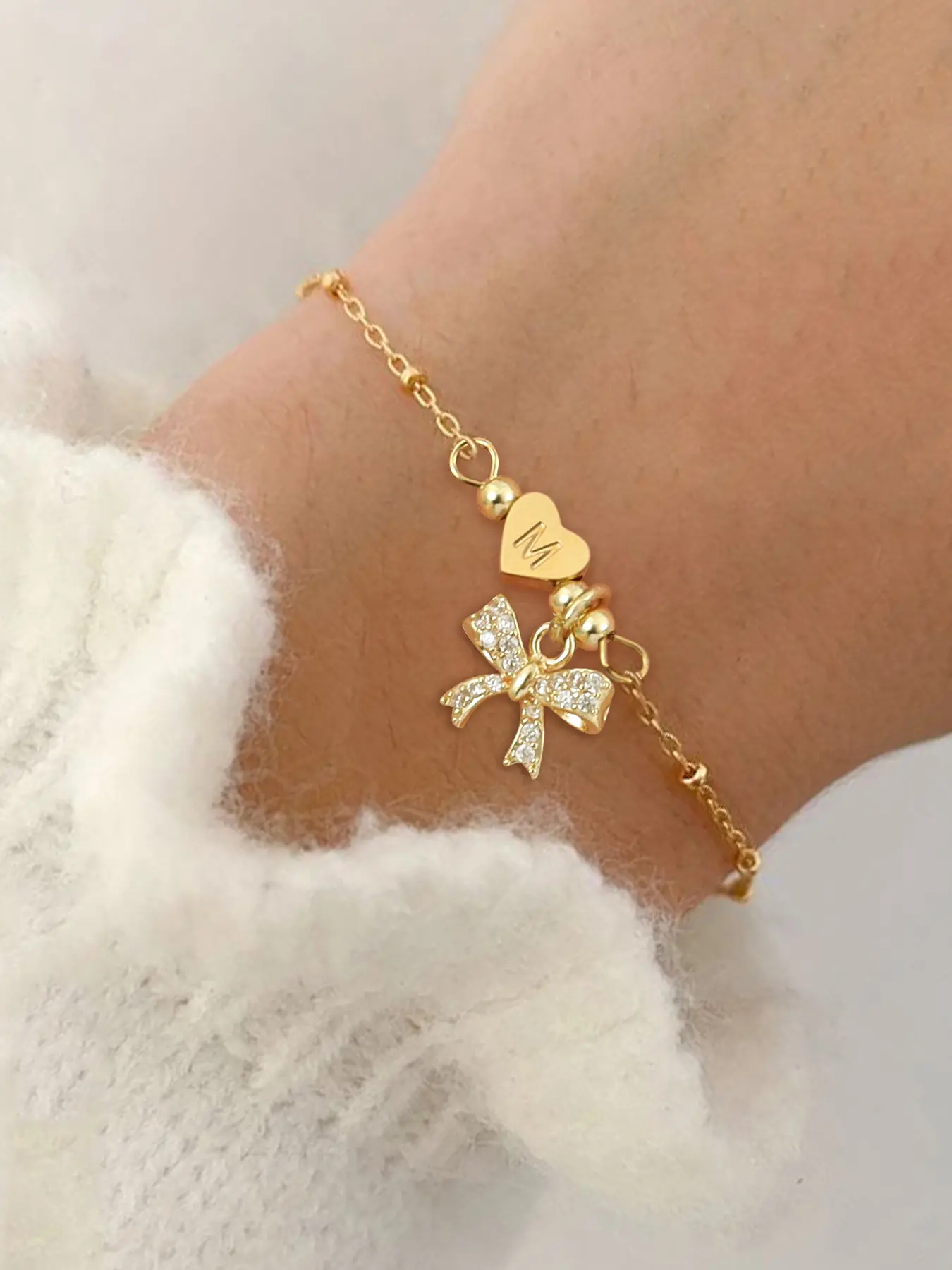 Women's Heart Initial Zirconia Bow Bracelet, Stainless Steel Beaded Chain, Elegant Fashion Jewelry for All Seasons