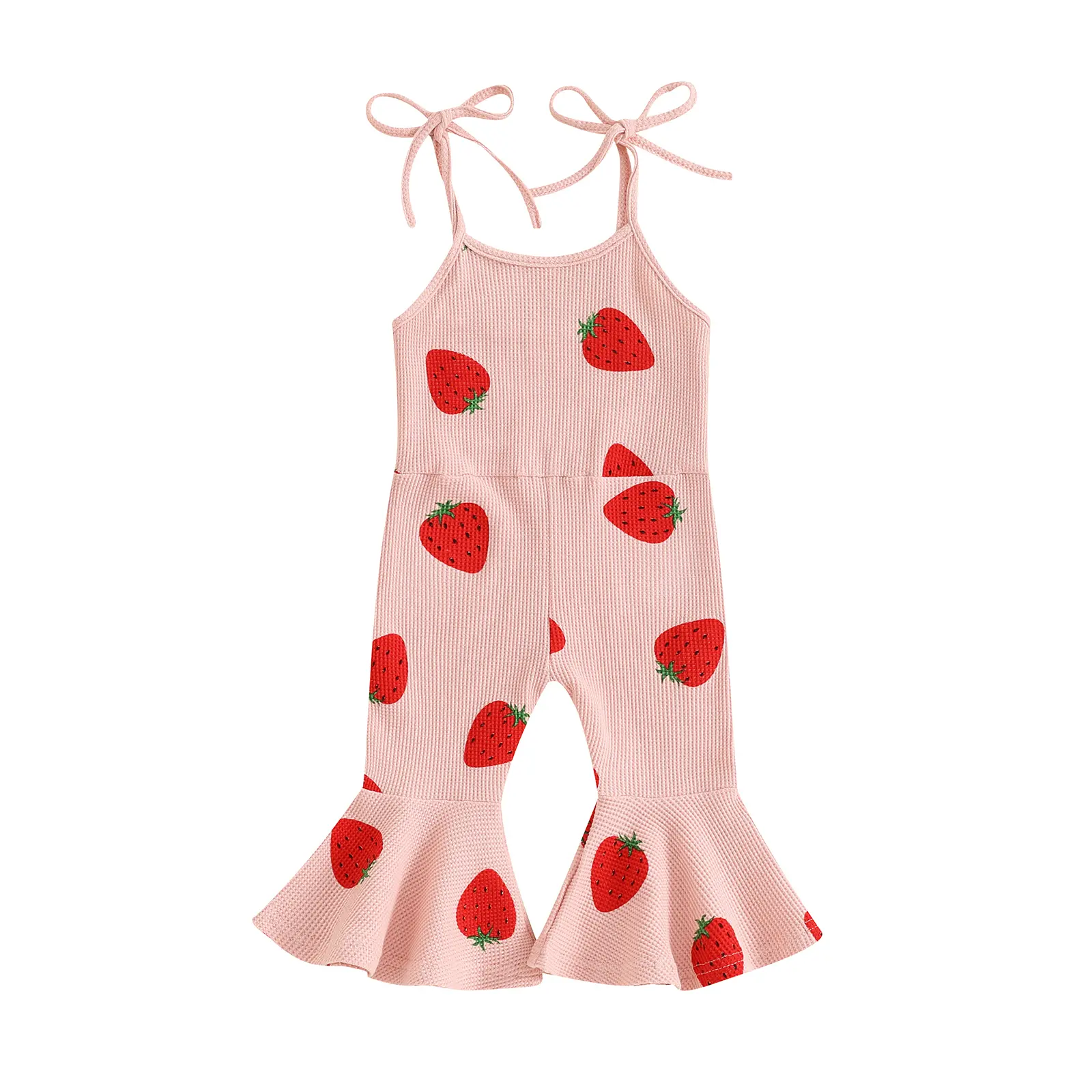 Canrulo Toddler Girl Bell Bottom Jumpsuit Strawberry Print Romper Baby Spaghetti Straps Overalls Flare Pant Kid Playsuit