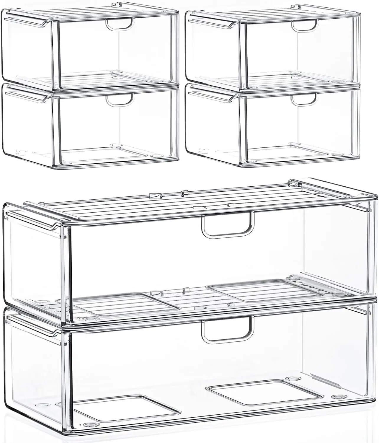 Clear Acrylic Stackable Drawers Organizer - Dustproof, Waterproof, Non-Slip Makeup & Pantry Storage Set with 6 Drawers (2 Large 13"W x4.5"H + 4 Medium) for Bathroom Vanity Countertops