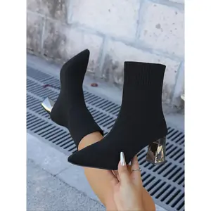 Women's Mid-Calf Pointed Toe Boots, Casual Fall & Winter Knitted Sock Shoes, Comfortable Warm High Heels, Fashionable Slimming Design, Pointed Toes Boots