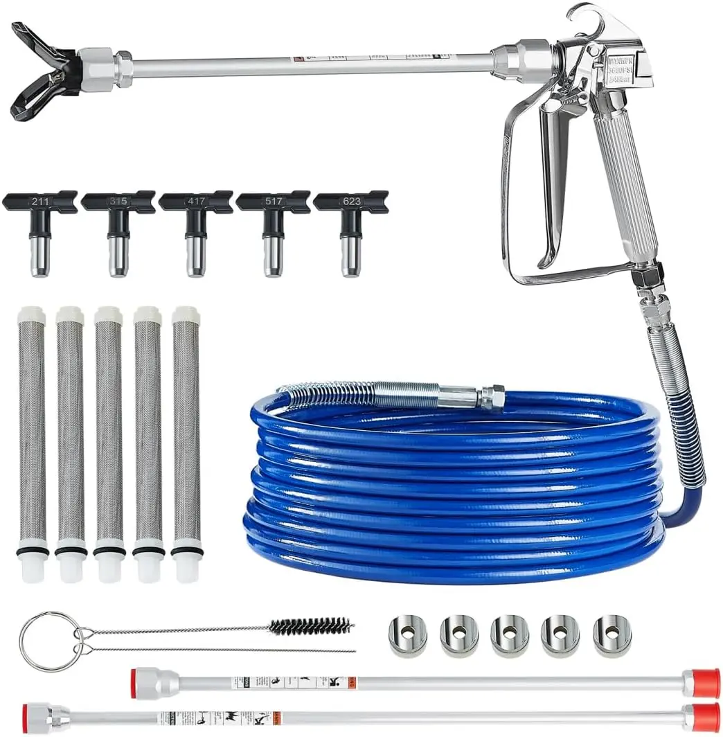 VEVOR Airless Paint Spray Gun and Hose Kit, 3600PSI High Pressure Paint Sprayer Hose Set with 5 Tips, 211, 315, 417, 517, 623, Swivel Joint Airless Spray Gun Kit with Filters, Hose and Extension Rods