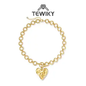 Tewiky Gold Paperclip O-Link Chain Hammered Heart Pendant OT Clasp Necklace for Women For Valentine's Day Gift