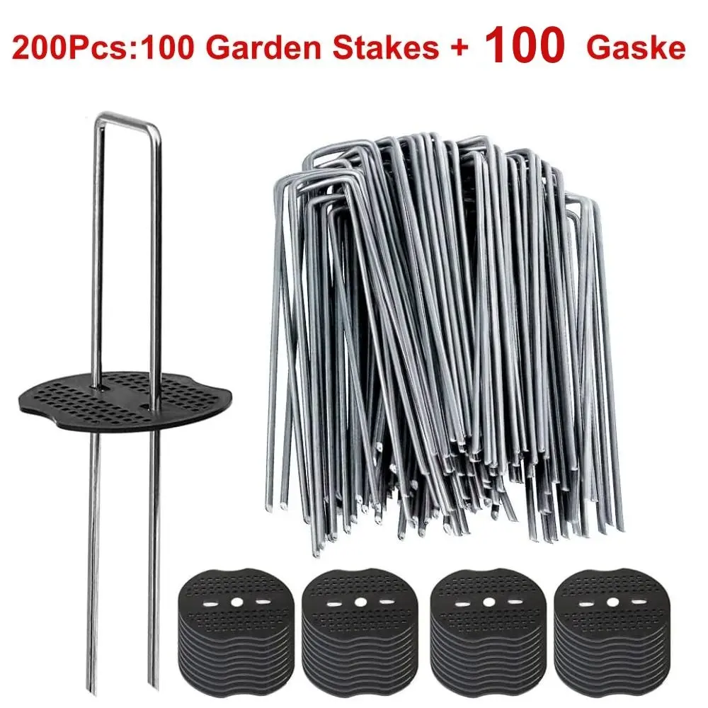Total 200pcs: 100Pcs Garden Stakes Staples & 100Pcs Gasket 6 Inch Outdoor Lawn Landscape Staples  U Shaped Galvanized Landscape Pins Heavy Duty Yard Ground Pin for Weed Barrier Sod Fabric Decorations