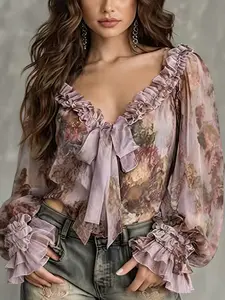 Women's Bohemian Vintage Floral V-Neck Bell Sleeve Chiffon Shirt Blouse, Elegant Summer Top, Lightweight & Flowy Design, Perfect for Casual Wear