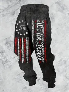 Men's patriotic 1776 flag and Declaration of Independence printed running pants - casual sports ankle pants with drawstring, machine washable polyester fiber, perfect for celebrating