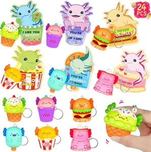 Easter Gift  Cards for Kids School, 24 PCS Food Axolotl Slow Rising Squishy Toys, Valentines Cards for Kids Classroom with Keychains, Valentines Classroom Exchange Party Favors Gifts