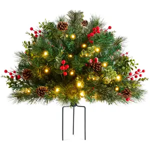 Best Choice Products Large Pre-Lit Christmas Urn Filler, w/ Pinecones & Berries, White & Multi LED Lights, 26” Diameter