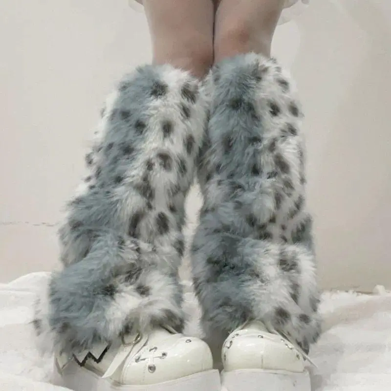 Women's Harajuku Leopard Plush Fur Leg Warmers - Punk Winter Warm Thick Imitation Leggings Boots Cover Fuzzy Socks, 1-Size 40cm Polyester Lolita Party Accessories with Japanese JK PU Belt, One Size, About 40Cm
