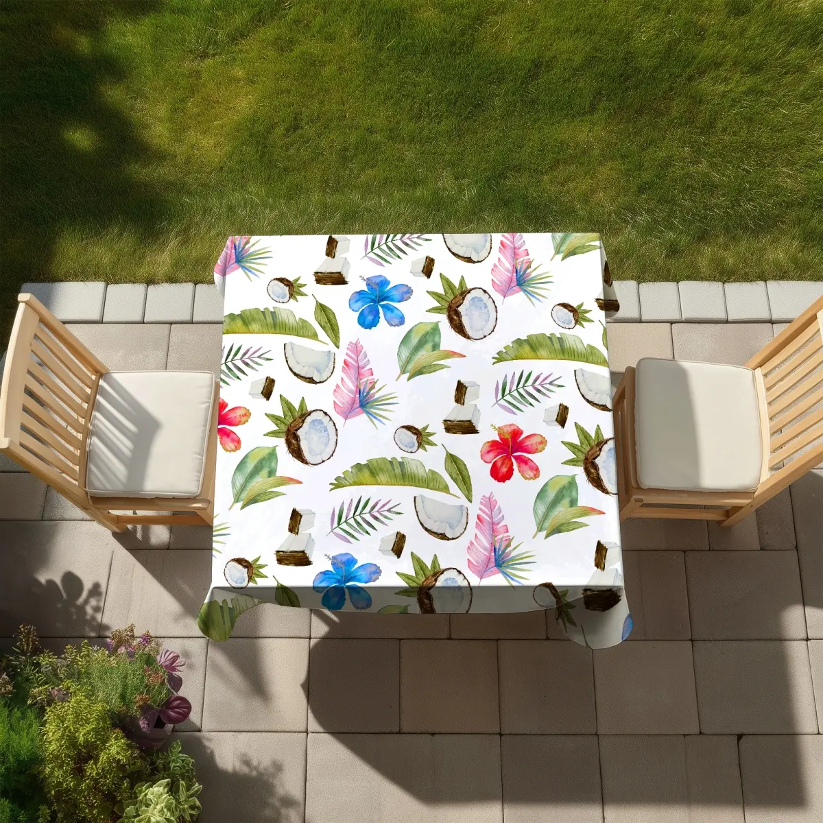 58x58in 360-Stand Tropical Print Tablecloth, Green Leaves Exotic Design, Wrinkle-Free, Machine Washable, Indoor/Outdoor Kitchen Household Textile Decor, Table Setting