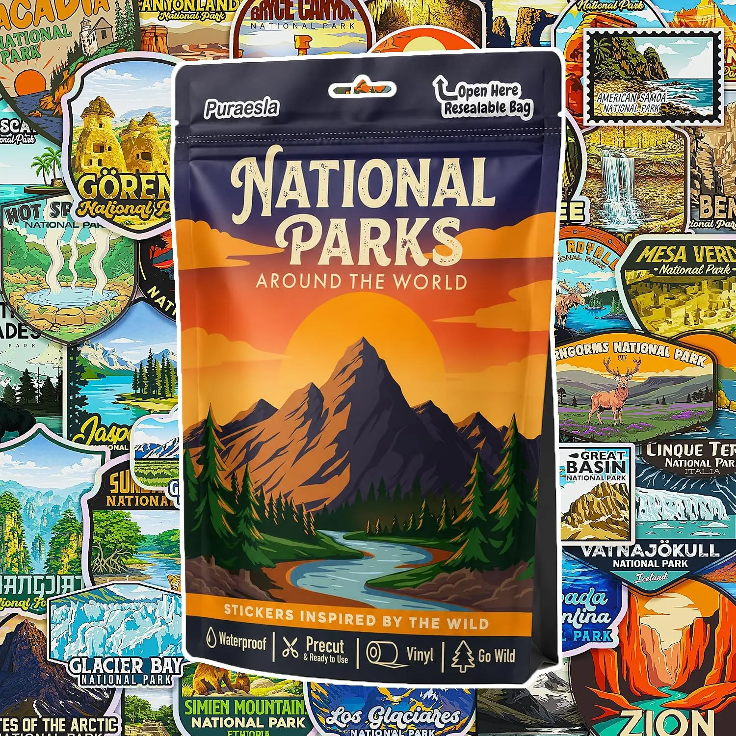 100 Pcs National Parks Around The World Sticker Pack, Outdoor Nature Camping Hiking Inspired Waterproof Decals for Water Bottles Laptop Car