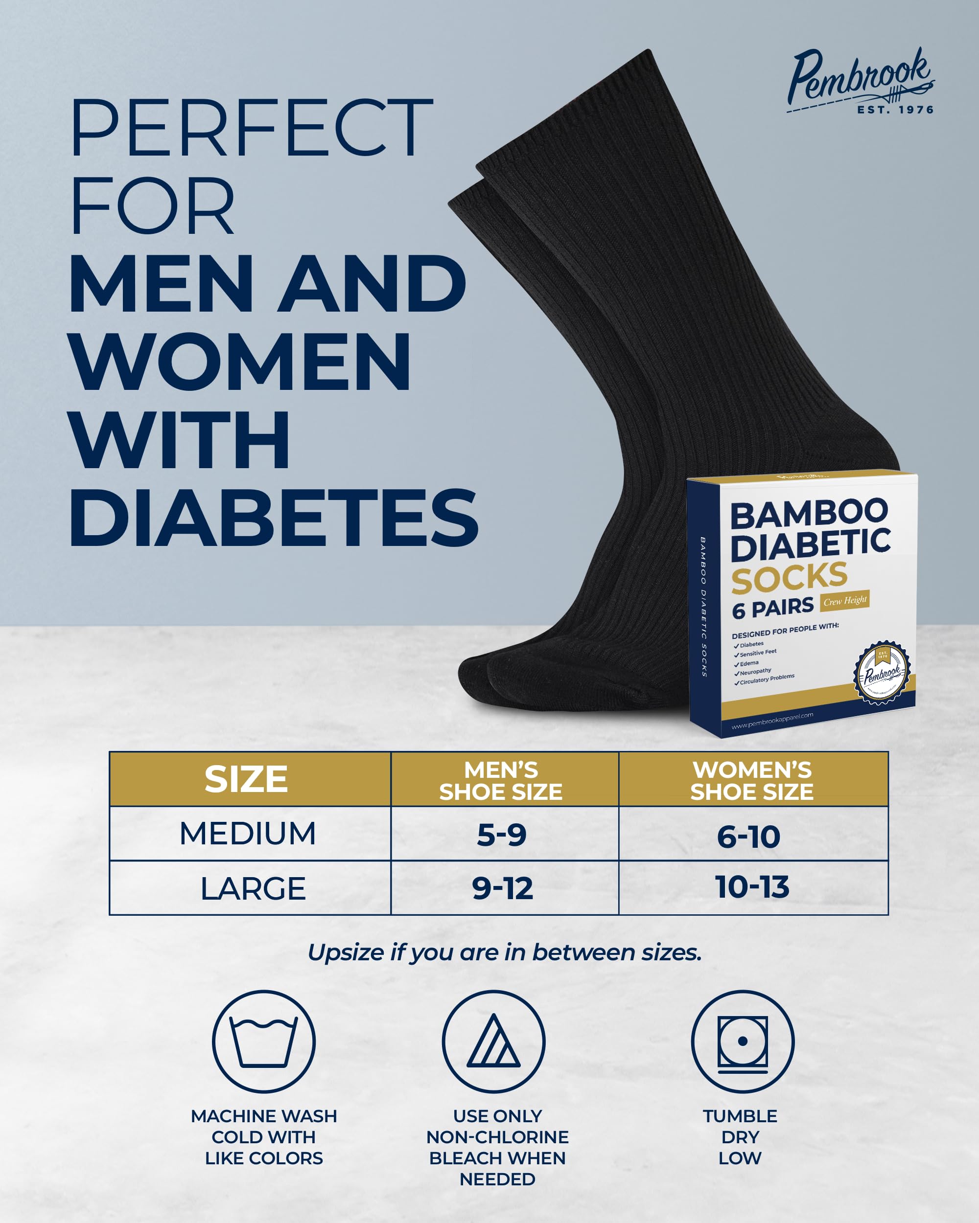 Pembrook Bamboo Viscose Diabetic Socks for Women Size 9-11 | 6 Pairs Ribbed Knit Crew Socks | Multiple Colors