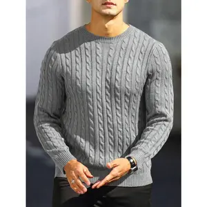 Men's slim-fit cable knit sweater-solid color, round neck, stretch fabric, machine washable-perfect for fall/winter