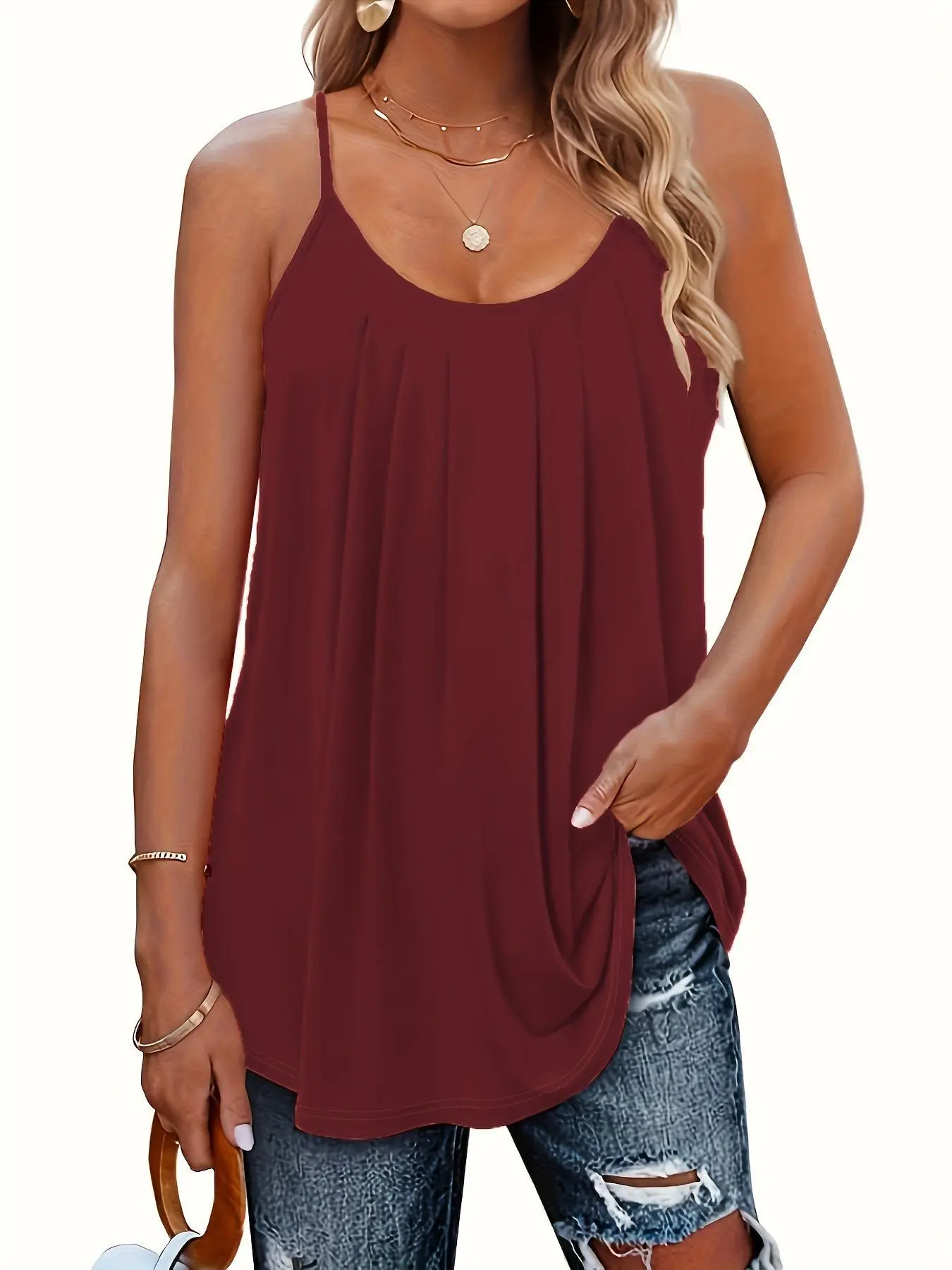 Women's Casual Loose-Fitting Summer Sleeveless Camisole Tank Top, Cami Tank Tops, Spaghetti Strap Womenswear, Basic Chest Gathered Pleats Design, Daily Wear, Everyday, Comfortable & Stylish Women's Clothing