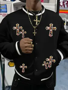 Trendy Casual Campus Style Men's Colorblock Baseball Jacket, Vintage Cool Design, Satin Sleeves, Cross Print, All-Season Outerwear