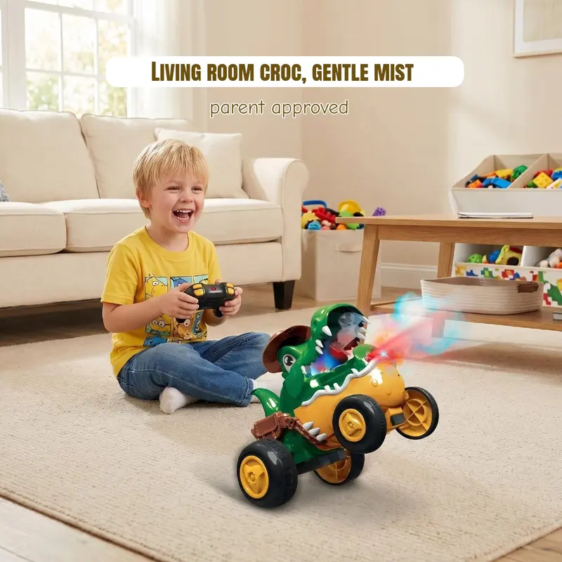 Kid's Electric Crocodile Jumping Car Toy - Mist Spray, Light & Music, Stunt Actions, Jump Forward, 1-Click Demonstration, Upright Walking, Floor-Friendly Wheels, 30+ Mins Playtime rc cars rc