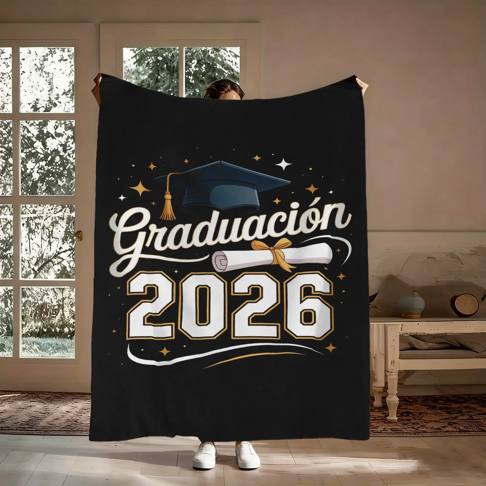 2026 Spanish Graduation Flannel Throw Blanket - Grad Cap, Diploma, Gold Stars Pattern, Soft Warm Cozy, Wrinkle Resistant, Durable - Dorm Bed Use - Grad Gift for Kids, Christmas Birthday Present, Graduation Cap, Commemorative