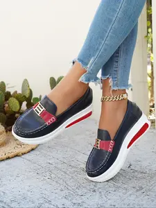 New Summer Thick Sole PU Leather Loafers, Round Toe Anti-Slip Slip-On Metal Buckle Decor, Casual Fashion Women's Chunky Heel Shoes