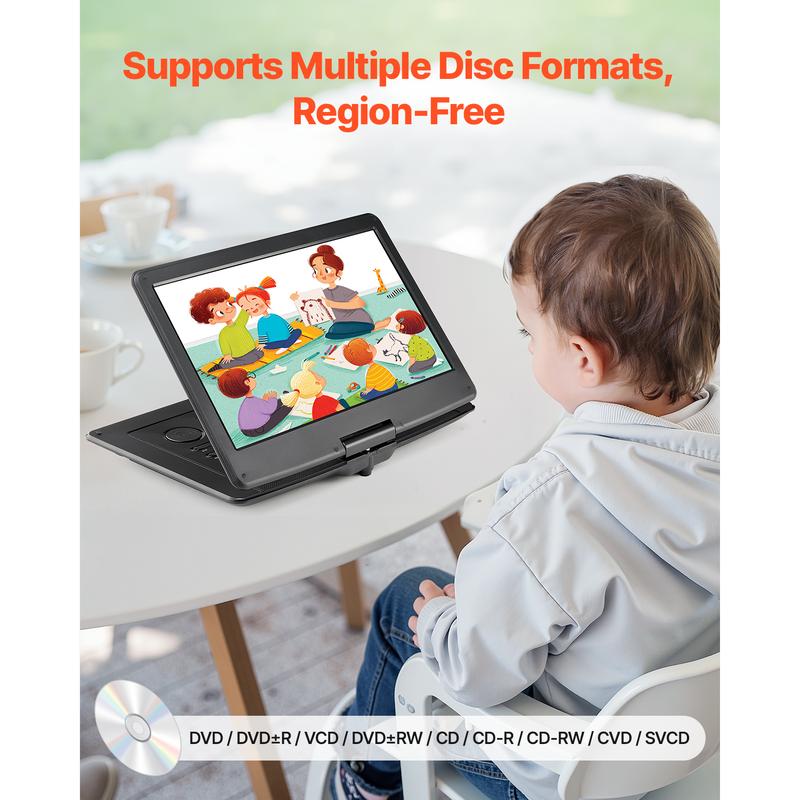 VEVOR Portable DVD Player, 15.6 inch HD Swivel Display Screen, 4.5-5 H Built-in Rechargeable Battery, Dual Speakers, Support Sync TV/USB/SD Card/CD/DVD, Car Charger, AC Power Adapter, Remote Control